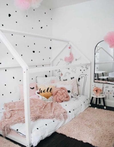 White kids bedroom with pink and black details - interior designer pepperell ma