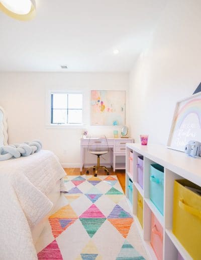 Modern colorful kids bedroom with rainbow storage bins - contractors chelmsford ma