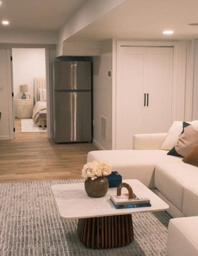 Modern renovated basement living space - interior designer Portsmouth NH