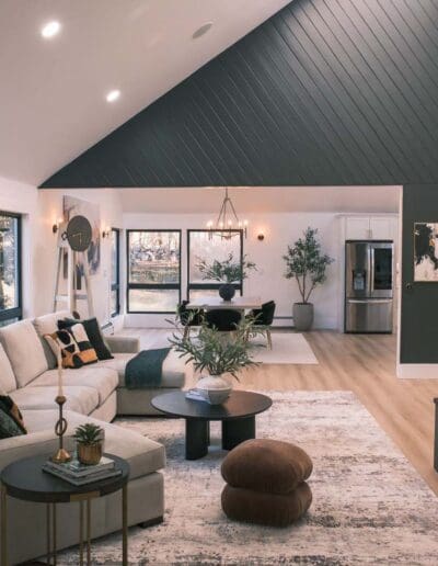 Modern living room with abstract design green and white - interior designer Goffstown NH