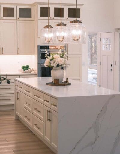 Modern kitchen isle with marble finish - interior designer Lowell MA