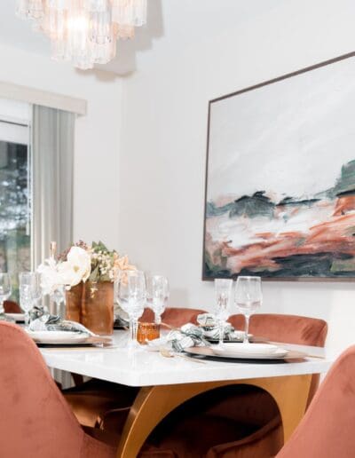 Modern dining table and chairs and elegant ceiling lamp - interior designer Pepperell MA